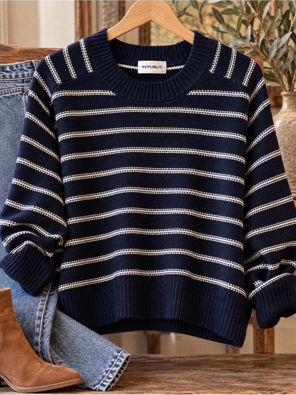 Republic Navy and White Striped Crewneck Sweater